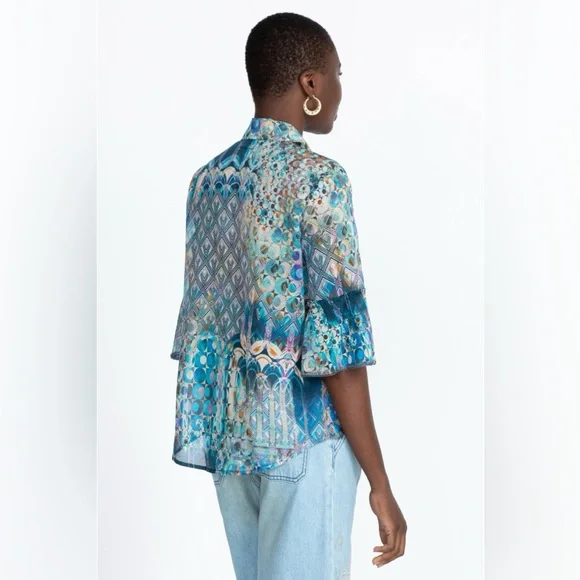 Johnny Was Workshop Klodi Ruffle Sleeve Blouse Sz 3X Blue Boho Print Cotton Top - Picture 4 of 10